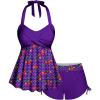 ROSE GAL Women Plus Size Two Piece Tankini Swimsuits Retro Cherry Dots Print Halter Cinched Ruched Modest Bathing Suits(Purple)