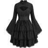 ROSE GAL Womens Plus Size Victorian Gothic Lace-up Layered Lace Trim Cutout Trumpet Sleeves Knee Length Dress(Black_1)