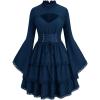 ROSE GAL Womens Plus Size Victorian Gothic Lace-up Layered Lace Trim Cutout Trumpet Sleeves Knee Length Dress(Blue)