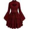 ROSE GAL Womens Plus Size Victorian Gothic Lace-up Layered Lace Trim Cutout Trumpet Sleeves Knee Length Dress(Red)