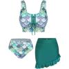 Rosegal Plus Size Women 3 Piece Tankini Swimsuit Holographic Mermaid Scale Print Lace-up Bathing Suit Swimwear(Green_1)
