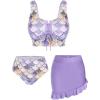 Rosegal Plus Size Women 3 Piece Tankini Swimsuit Holographic Mermaid Scale Print Lace-up Bathing Suit Swimwear(Purple_2)
