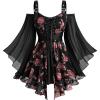 Rosegal Plus Size Women Gothic T-Shirt 2 in 1 Top Cold Shoulder Chiffon Bell Sleeves Rose Flower Print Lace Up Flowy Top(Black)