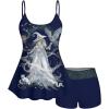 Rosegal Plus Size Women Gothic Tummy Control Modest Tankini Swimsuit Fairy Cat Print Boyleg Padded Tankini Swimwear(Blue_1)