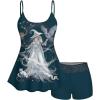 Rosegal Plus Size Women Gothic Tummy Control Modest Tankini Swimsuit Fairy Cat Print Boyleg Padded Tankini Swimwear(Green_1)
