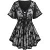 Rosegal Plus Size Womens V Neck Butterfly Lace Overlay Lace-up 2 in 1 Blouse Short Flutter Sleeve Flowy Top(Black_1)