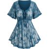 Rosegal Plus Size Womens V Neck Butterfly Lace Overlay Lace-up 2 in 1 Blouse Short Flutter Sleeve Flowy Top(Blue_2)