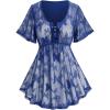 Rosegal Plus Size Womens V Neck Butterfly Lace Overlay Lace-up 2 in 1 Blouse Short Flutter Sleeve Flowy Top(Blue_3)