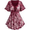 Rosegal Plus Size Womens V Neck Butterfly Lace Overlay Lace-up 2 in 1 Blouse Short Flutter Sleeve Flowy Top(Red)