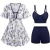 Rosegal Women Plus Size 3 Piece Tankini Swimsuits Bathing Suits with Floral Swim Dress Boy Shorts with Cami Swim Top(Deep Blue)
