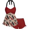 Rosegal Women Plus Size Goth Two Piece Tankini Set Skull Rose Flower Halter Swimsuits(Red_1)