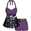 Rosegal Women Plus Size Goth Two Piece Tankini Swimsuit Set Skulls Rose Twist Halter Backless Padded Swimwear(Purple_1)