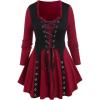 Rosegal Women Plus Size Gothic Lace-up Grommet Ruffles Tee Renaissance Costume Top Long Sleeves Gothic Top(Red_1)