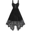 Rosegal Women Plus Size Gothic Lace-up PU Cross Skulls Lace Panel Asymmetrical High Low Midi Dress Rivets Straps Punk Dress(Black_1)