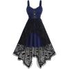 Rosegal Women Plus Size Gothic Lace-up PU Cross Skulls Lace Panel Asymmetrical High Low Midi Dress Rivets Straps Punk Dress(Blue_1)