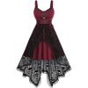 Rosegal Women Plus Size Gothic Lace-up PU Cross Skulls Lace Panel Asymmetrical High Low Midi Dress Rivets Straps Punk Dress(Red_3)