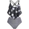 Rosegal Women Plus Size Gothic Tankini Swimsuit Celestial Sun Moon Print Crisscross Flounce Two Piece Bathing Suit(Black)
