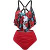 Rosegal Women Plus Size High Waisted Bikini Skull Rose Print Two Piece Bathing Suits Tummy Control Swimwear(Red)