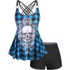 Rosegal Womens Plus Size Gothic Skull Plaid Padded Boyleg Strappy Modest Tankini Swimsuit Set(Blue)