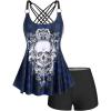 Rosegal Womens Plus Size Gothic Skull Plaid Padded Boyleg Strappy Modest Tankini Swimsuit Set(Blue_11)