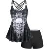 Rosegal Womens Plus Size Gothic Skull Plaid Padded Boyleg Strappy Modest Tankini Swimsuit Set(Deep Gray)