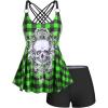 Rosegal Womens Plus Size Gothic Skull Plaid Padded Boyleg Strappy Modest Tankini Swimsuit Set(Green)