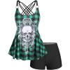 Rosegal Womens Plus Size Gothic Skull Plaid Padded Boyleg Strappy Modest Tankini Swimsuit Set(Green_11)