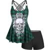 Rosegal Womens Plus Size Gothic Skull Plaid Padded Boyleg Strappy Modest Tankini Swimsuit Set(Green_12)