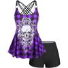 Rosegal Womens Plus Size Gothic Skull Plaid Padded Boyleg Strappy Modest Tankini Swimsuit Set(Purple)