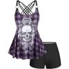 Rosegal Womens Plus Size Gothic Skull Plaid Padded Boyleg Strappy Modest Tankini Swimsuit Set(Purple_10)