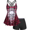 Rosegal Womens Plus Size Gothic Skull Plaid Padded Boyleg Strappy Modest Tankini Swimsuit Set(Red)