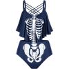 Rosegal Womens Plus Size Skeleton Print Flounce Crisscross Strappy Tankini Swimwear Set(Blue)