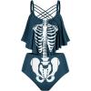 Rosegal Womens Plus Size Skeleton Print Flounce Crisscross Strappy Tankini Swimwear Set(Green)