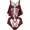 Rosegal Womens Plus Size Skeleton Print Flounce Crisscross Strappy Tankini Swimwear Set(Red)