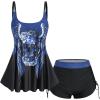 Rosegal Womens Plus Size Skull Rose Wing Print Cinched Boyshorts Tankini Swimsuit Set(Blue)