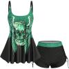 Rosegal Womens Plus Size Skull Rose Wing Print Cinched Boyshorts Tankini Swimsuit Set(Green)