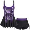 Rosegal Womens Plus Size Skull Rose Wing Print Cinched Boyshorts Tankini Swimsuit Set(Purple)
