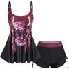 Rosegal Womens Plus Size Skull Rose Wing Print Cinched Boyshorts Tankini Swimsuit Set(Red_2)
