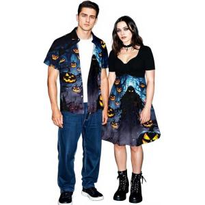 Matchable Couple Halloween Costume Ghost Pumpkin Print Shirt or Plus Size Knee Length Cinched Ruched Tee Dress(Men Black)