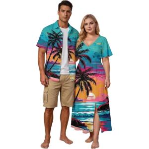 Matchable Couple Hawaiian Sea Beach Starfish Turtle Shell Print Shirt or Plus Size Midi Split A Line Dress(Women Green_1)