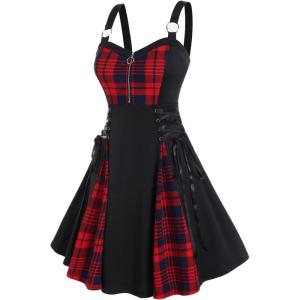 ROSE GAL Gothic Lace Up Plaid Half Zipper Fit and Flare Gothic Dress(Black-219)