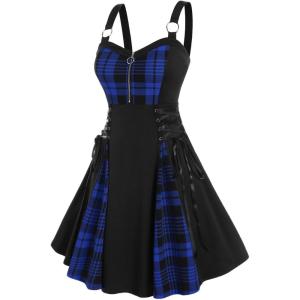 ROSE GAL Gothic Lace Up Plaid Half Zipper Fit and Flare Gothic Dress(Blue_1)