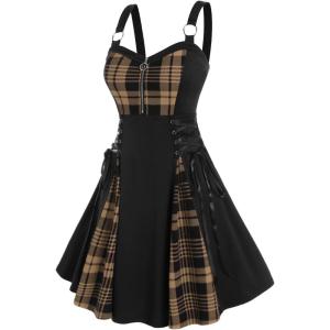 ROSE GAL Gothic Lace Up Plaid Half Zipper Fit and Flare Gothic Dress(Coffee_2)