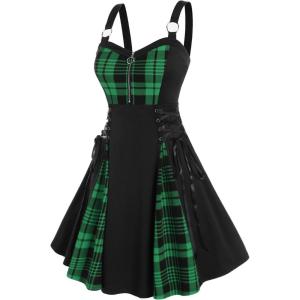 ROSE GAL Gothic Lace Up Plaid Half Zipper Fit and Flare Gothic Dress(Green_1)