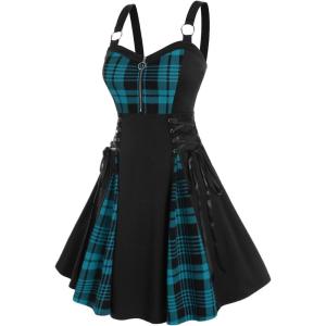 ROSE GAL Gothic Lace Up Plaid Half Zipper Fit and Flare Gothic Dress(Green_2)