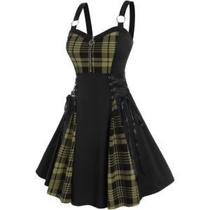 ROSE GAL Gothic Lace Up Plaid Half Zipper Fit and Flare Gothic Dress(Green_4)