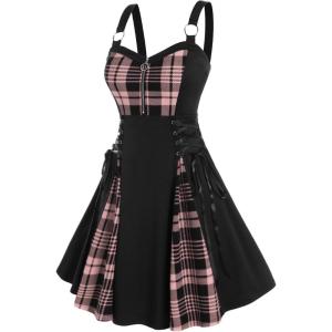 ROSE GAL Gothic Lace Up Plaid Half Zipper Fit and Flare Gothic Dress(Pink_1)