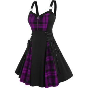 ROSE GAL Gothic Lace Up Plaid Half Zipper Fit and Flare Gothic Dress(Purple_1)