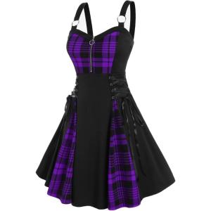 ROSE GAL Gothic Lace Up Plaid Half Zipper Fit and Flare Gothic Dress(Purple_2)