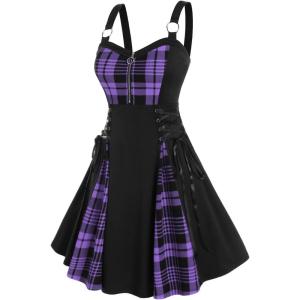 ROSE GAL Gothic Lace Up Plaid Half Zipper Fit and Flare Gothic Dress(Purple_3)